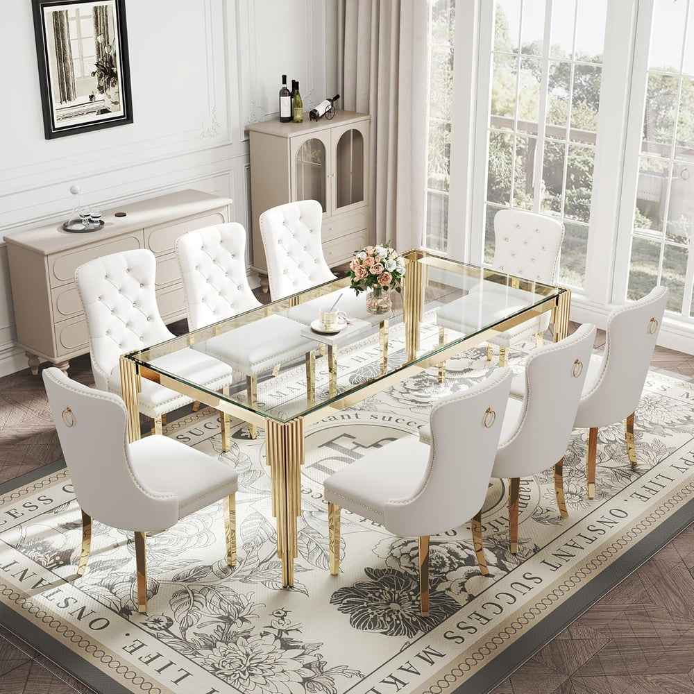 Rectangle Glass Dining Table, 81" Clear Tempered Glass Desktop with Gold...
