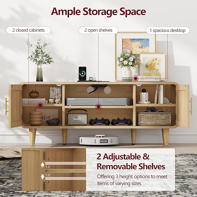 Rattan TV Stand for 60 Inch TV, Entertainment Center with Charging Station, Adjustable Shelf & 2 Storage Cabinet, Boho TV Console, Modern Media Console for Living Room, Bedroom Natural
