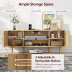 Rattan TV Stand for 60 Inch TV, Entertainment Center with Charging Station, Adjustable Shelf & 2 Storage Cabinet, Boho TV Console, Modern Media Console for Living Room, Bedroom Natural