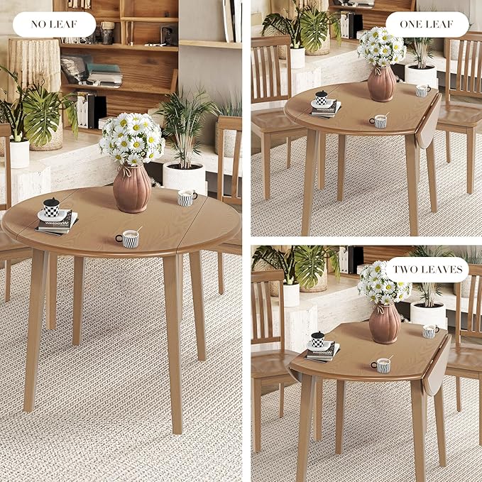 COLAMY 5-Piece Extendable Dining Set for 4, 36" Kitchen Round Wood Table with 4 Nailhead Dining Room Chairs,Light Brown/Beige