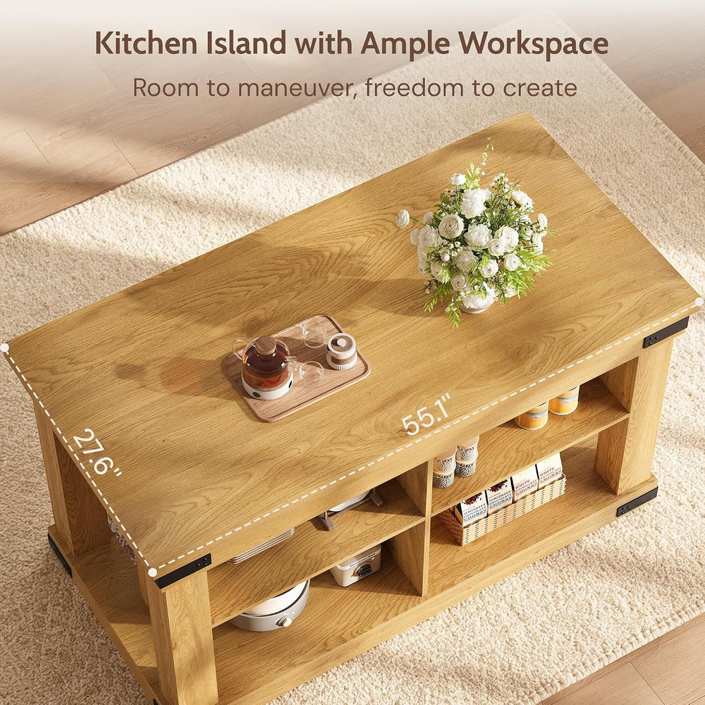 Viviwood 55" Kitchen Island with Storage and Seating, Farmhouse Wood Sta...