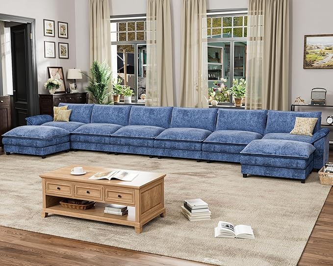 Homall 232" Modular Sectional Sofa, Oversized Sofa Couch with Reversible Ottoman, DIY Combination Chenille Deep 6-Seat Cloud Couch for Living Room, Apartment (Dark Blue, Oversized Sofa)