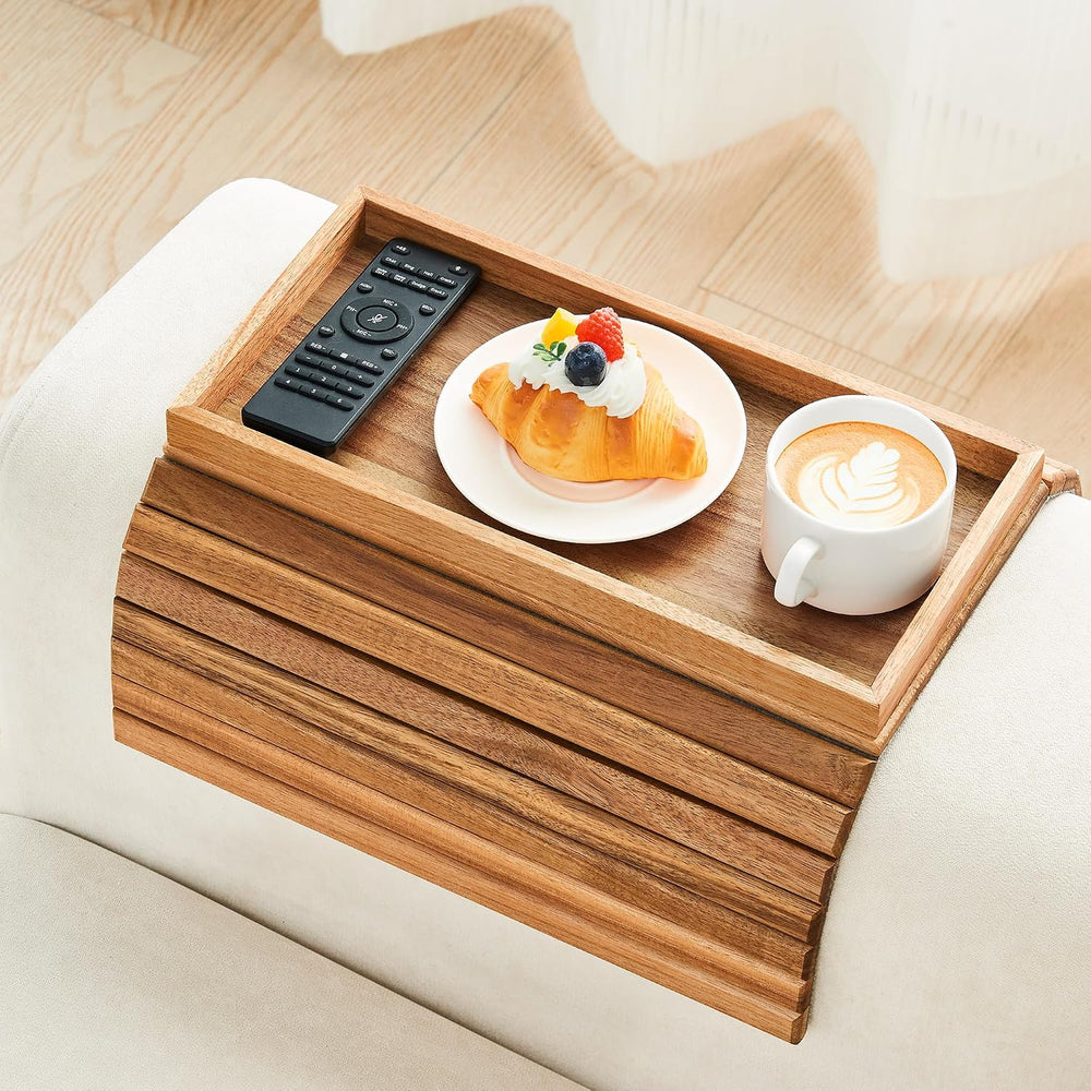 LOVYANXUE Acacia Wood Sofa Arm Tray, Foldable Couch Armrest Table with Anti-S...