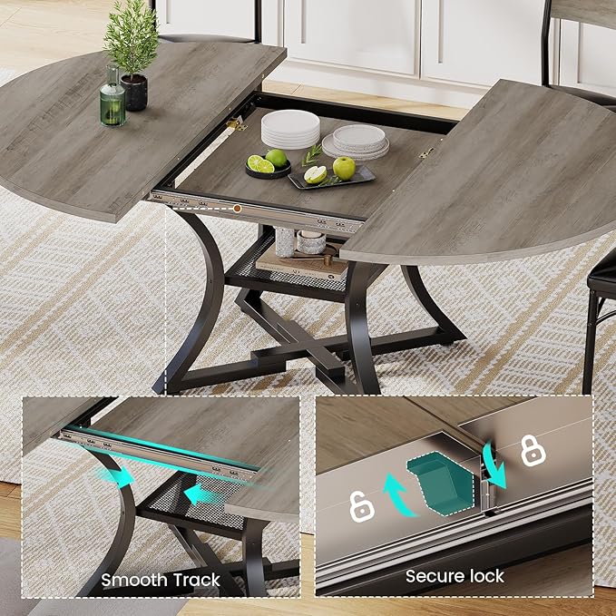 Itaar Round Extendable Dining Table Set for 4-6 People, 5-Piece Kitchen Table Set with 4 Cushion Chairs, Dining Room Table for 6 with MDF Board & Metal Frame for Small Space, Easy Clean, Grey