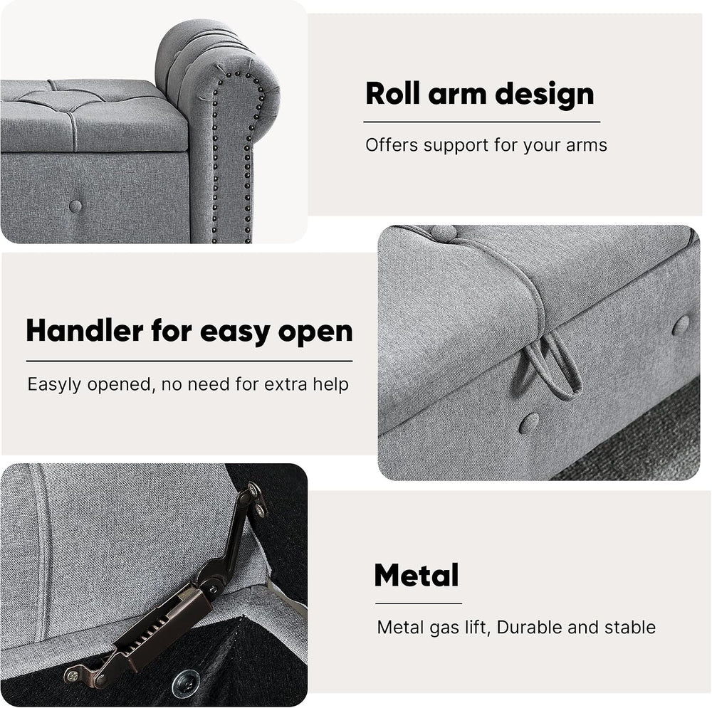 Storage Bench 67" Linen End of Bed Benches Grey | King Size Storage Benc...
