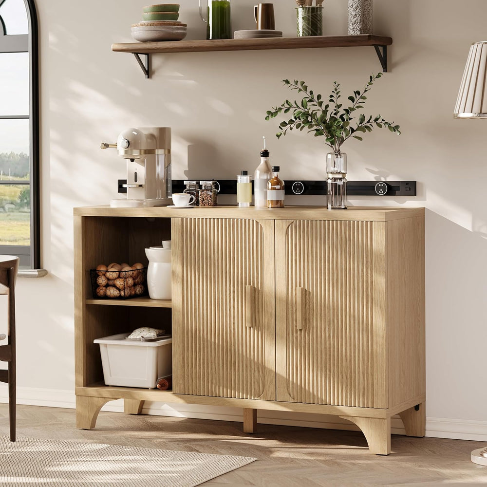 Mid Century Modern Fluted Buffet Cabinet with Storage, Accent Sideboard and C...