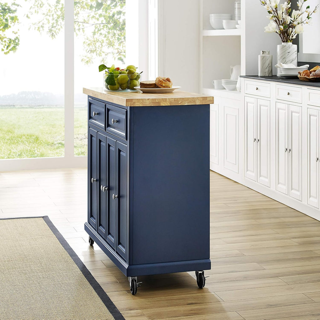 Crosley Furniture Madison Madison Rolling Kitchen Island Cart, Microwave Stand, Coffee Bar, with Shelves and Drawers, Navy