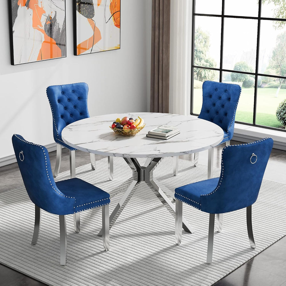 47" Round Faux Marble Dining Table for 4-6, Modern White Marble Top Kitc...