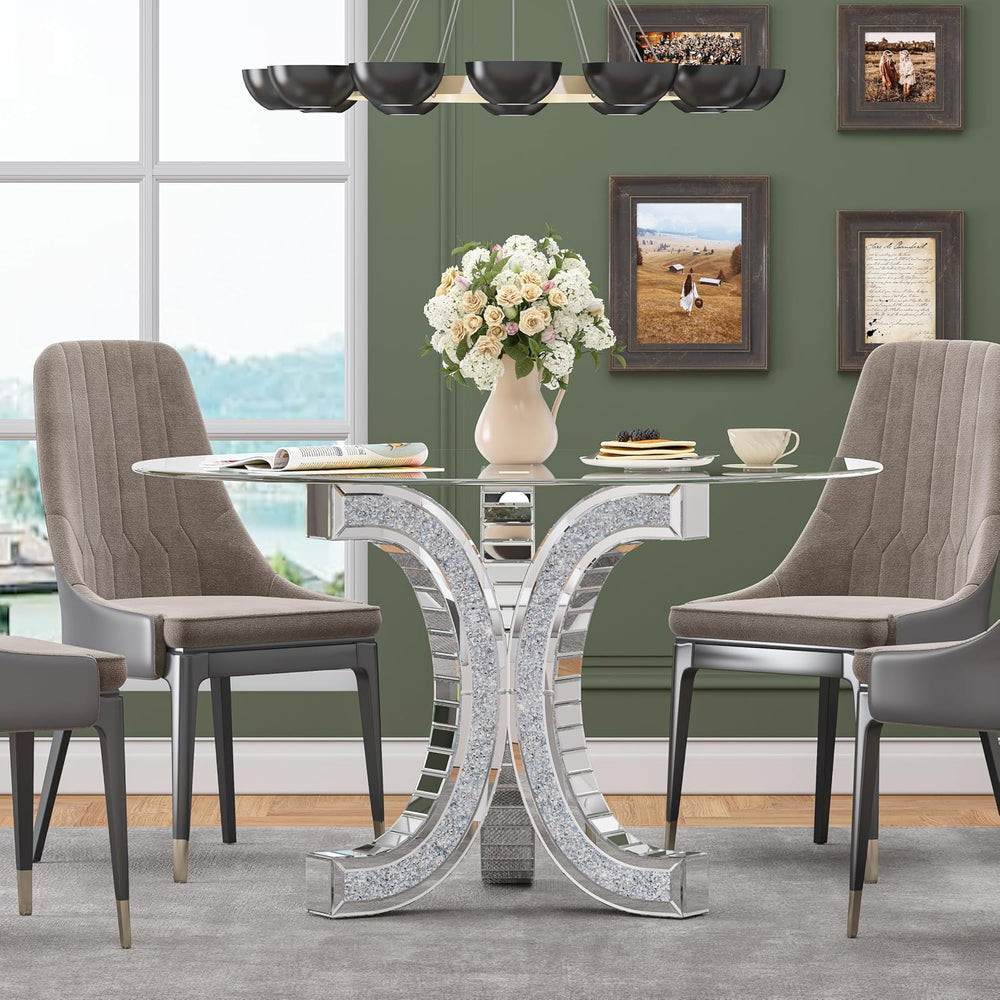 52" Round Glass Pedestal Dining Table with Tempered Glass Top, Mirrored ...