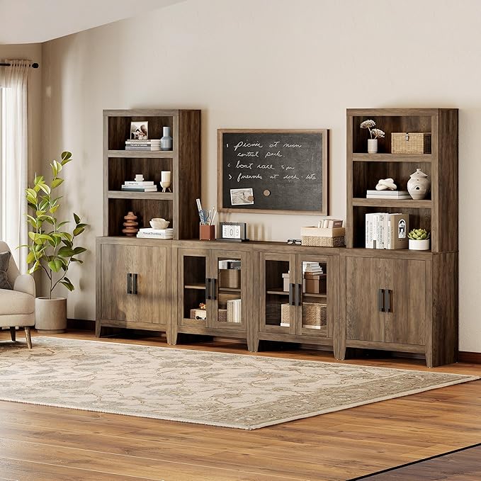 WAMPAT Entertainment Center with Bookshelves, 4-Piece Modular TV Stand with Storage Towers, Farmhouse Media Console with Glass Doors for Living Room, Bedroom, Brown