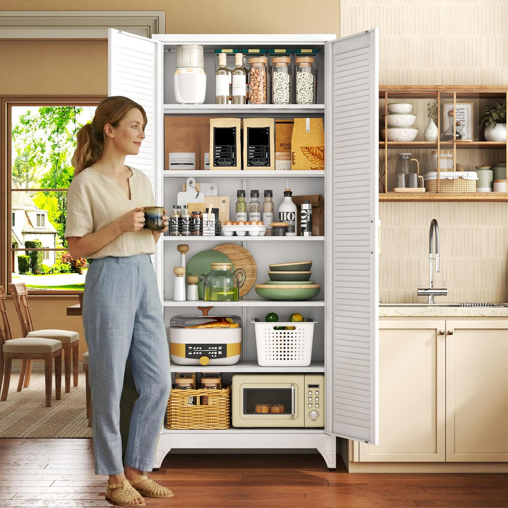 75" Metal Pantry Cabinet,Kitchen Storage Cabinet with Shelves | Louvered...