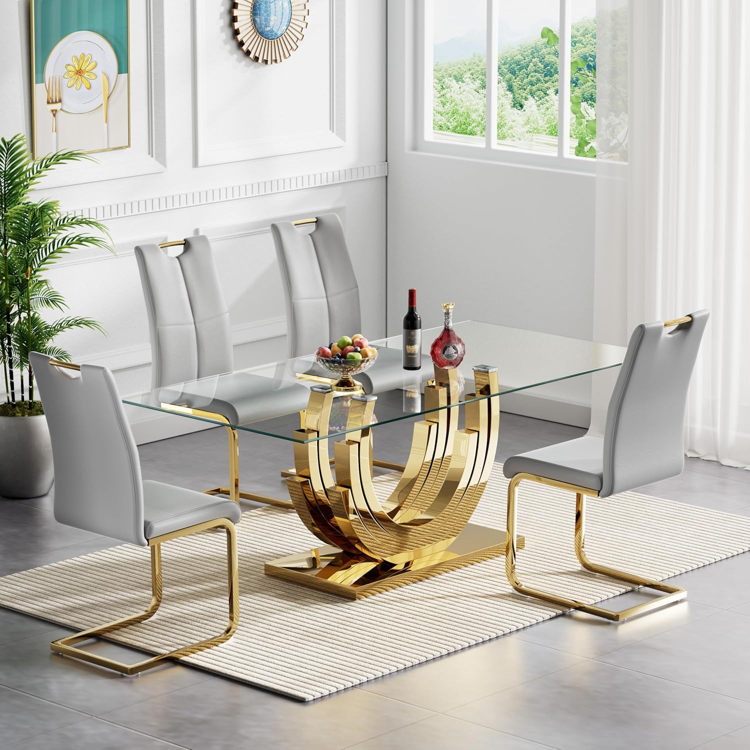 HomVent 70''Rectangle Glass Dining Table Set Glass Kitchen Table Set for 4 | Glass Kitchen Table Chairs Set for 4 with Leather Chairs for Kitchen Dining Room,Glass Dining Room Table Set for Home
