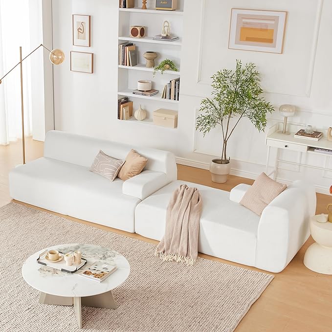 107" Modular Sectional Cloud Couch, Couches Sponge sectionals for Living Room, High Density Sponges Sofa, Modular L-Shape with Chaise, White
