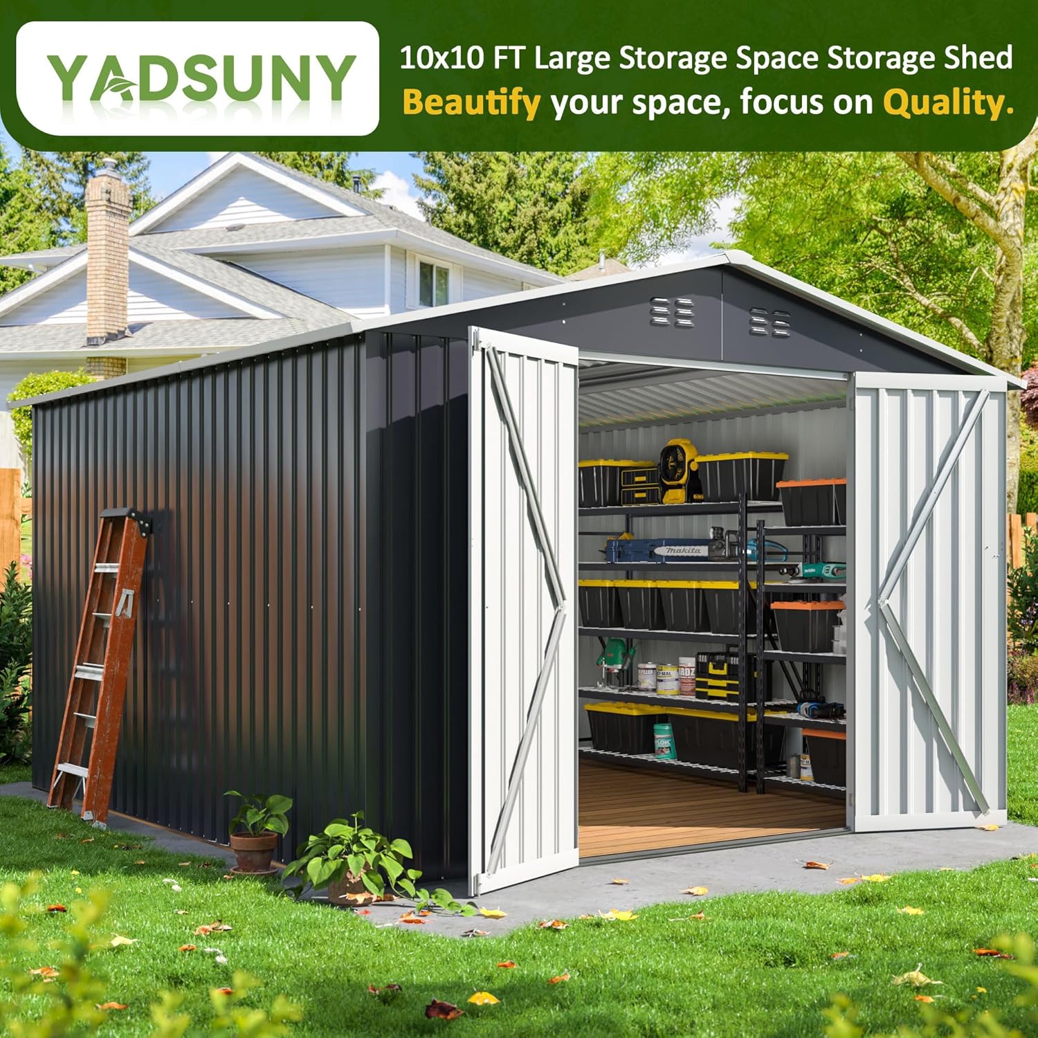 10x10 FT Outdoor Storage Shed, Metal Tool Garden Shed with Updated Frame Structure and Lockable Doors, Ideal for Backyard Garden Patio Lawn, Grey
