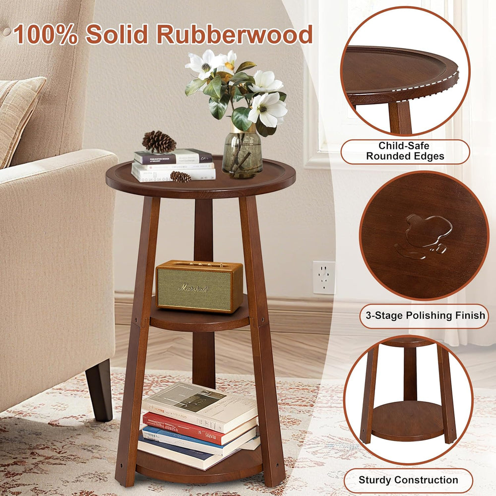 3-Tier Round Side Table, Solid Wood End Table & Nightstand for Small Spac...