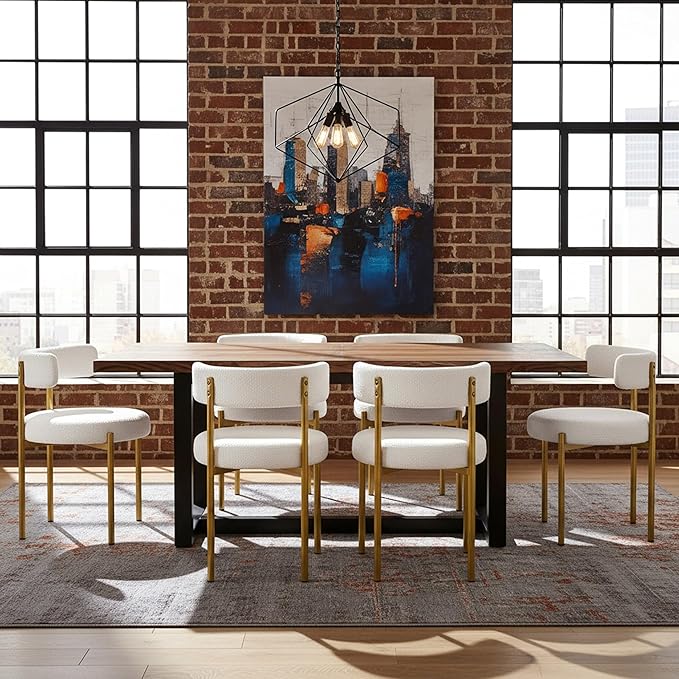 Boucle Dining Chairs Set of 6, White Dining Chairs with Upholstered Seat and Gold Legs, Mid-Century Modern Kitchen Chairs for Dining Room, Restaurant