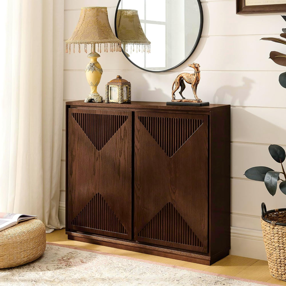 LKTART Narrow Sideboard Buffet Storage Cabinet with Solid Wood Doors,Mid Cent...