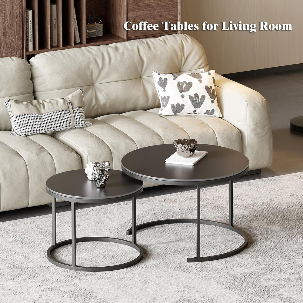 Round Nesting Coffee Table, Black Modern Decorative Coffee Center Table Set o...