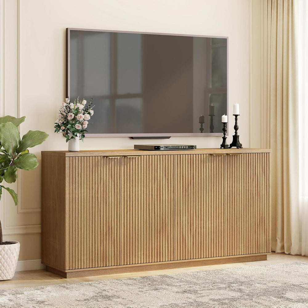 Fluted Sideboard Buffet Cabinet, 63" Wooden Credenza Storage Cabinet wit...