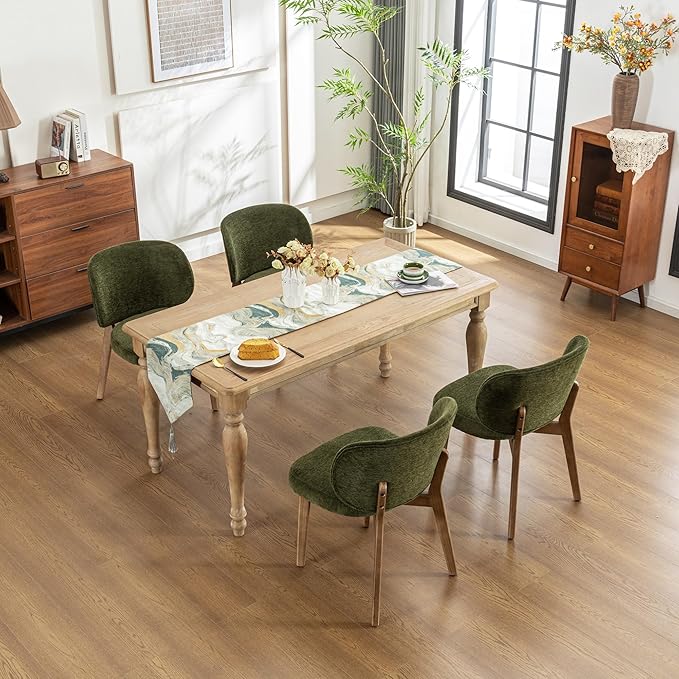 YOUNIKE Olive Green Dining Chair with High Back Set of 3 Mid Century Modern Kitchen Chair Boucle Fabric Upholstered Armless Accent Chair 20" Wide Padded Seat with Wooden Legs for Living Room Bedroom