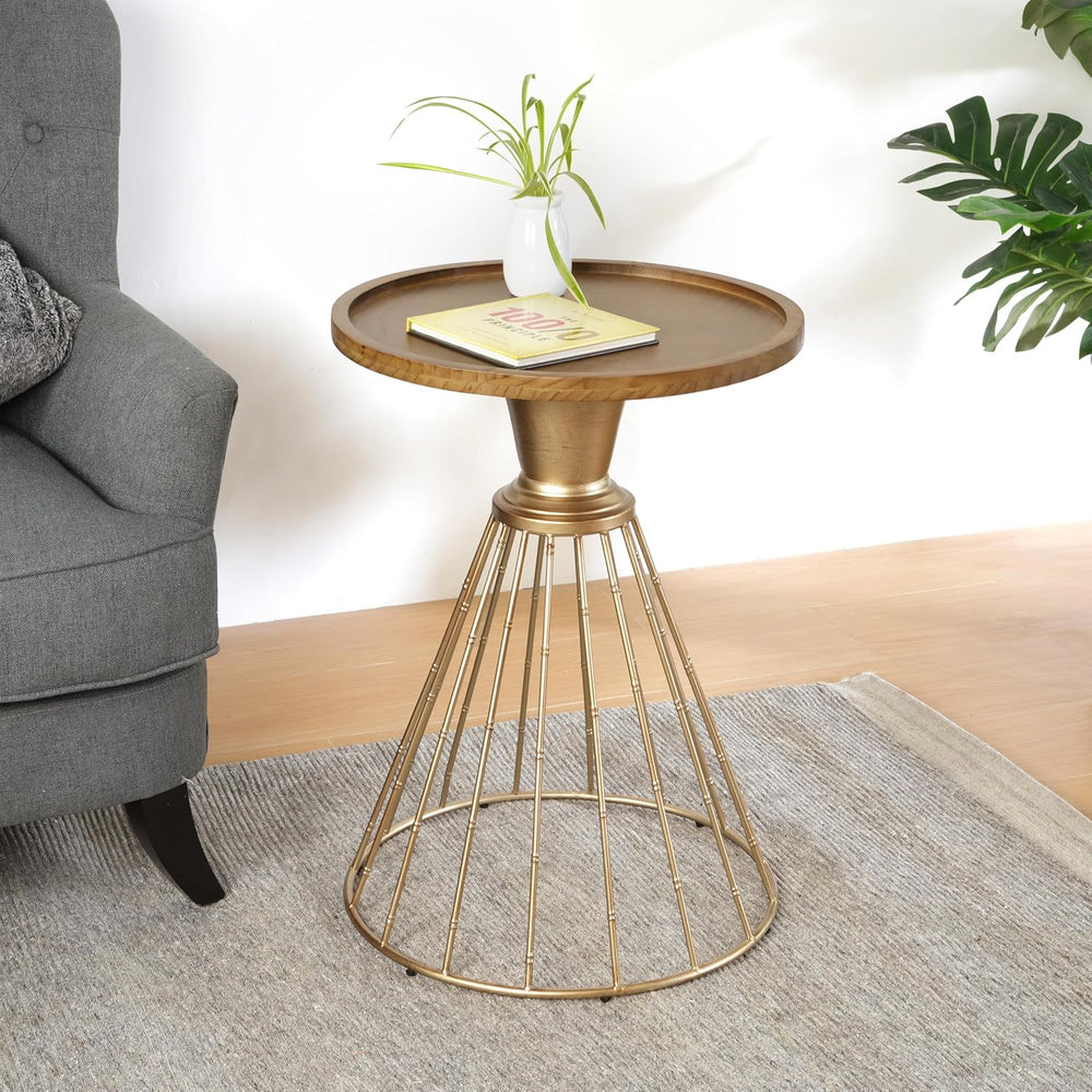 Vintage-Inspired Pine Side Table with Cut-Out Edge, Antique Gold & Natura...
