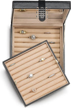 Glenor Co Ring Organizer Box - 108 Slot Classic Jewelry Display Holder - 2 Storage Trays with Modern Buckle Closure, Large Mirror - Holds Rings and Cufflinks - PU Leather Case - Black