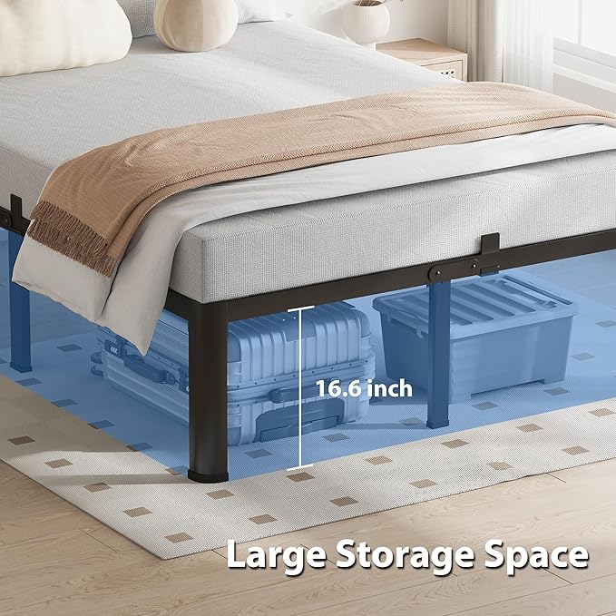 18 Inch Queen Bed Frame, 3500Lbs Heavy Duty Metal Platform with Round Corner Legs Mattress Slide Stopper, Steel Slat Support No Box Spring Needed, Noise Free, Non-Slip, Easy Assembly