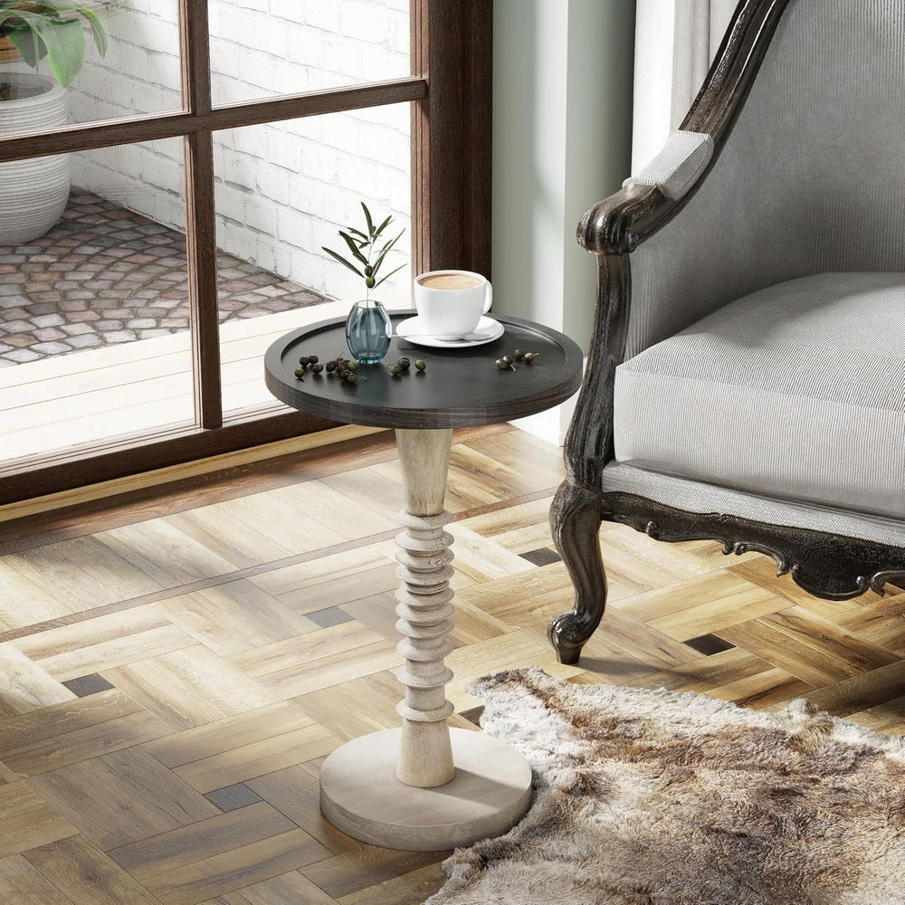 Pedestal Small Drinking Table, Farmhouse Tray Top End Table, Black Top, Distr...