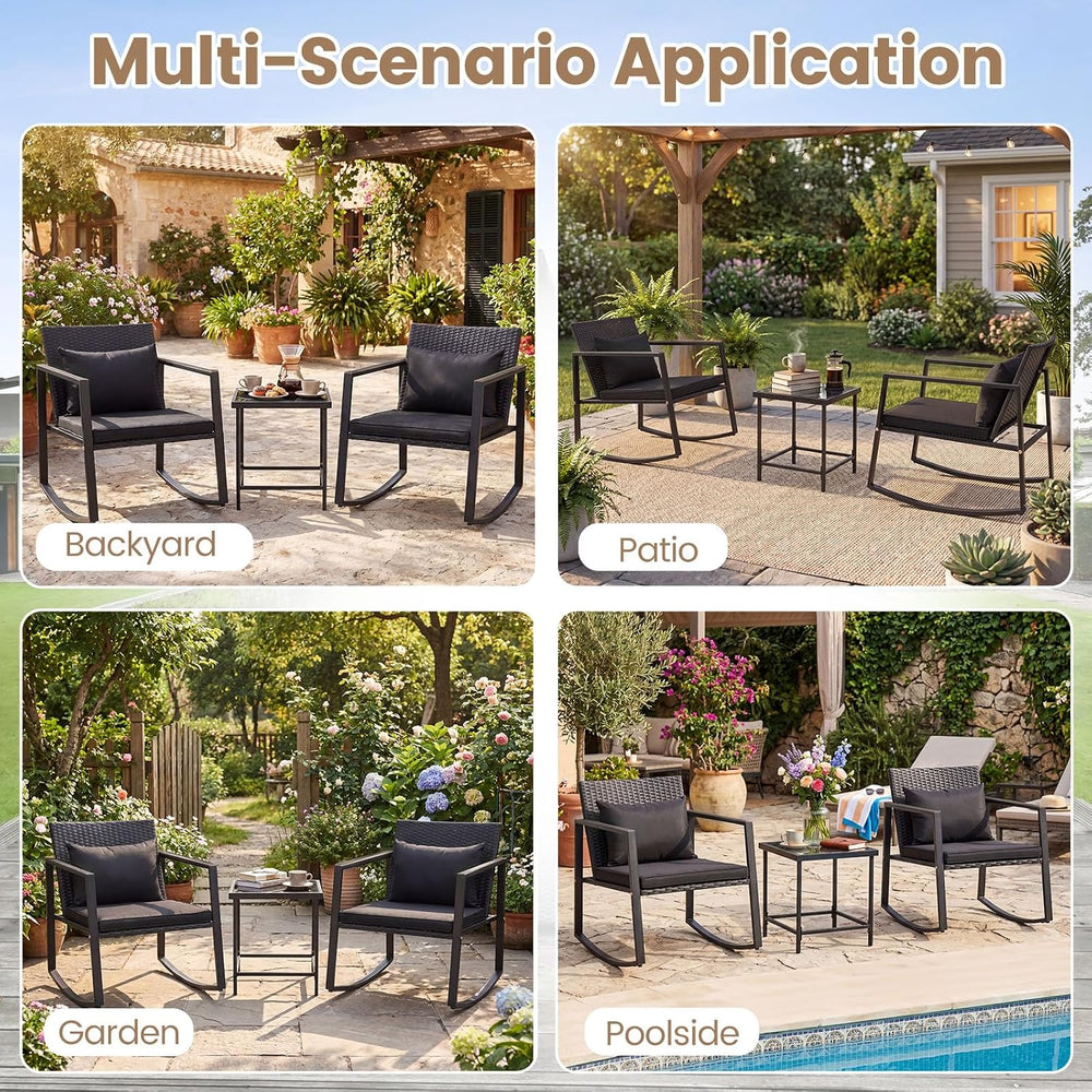 Tangkula 3 Pieces Outdoor Rocking Chairs Set, Rattan Heavy Duty Cushioned Roc...