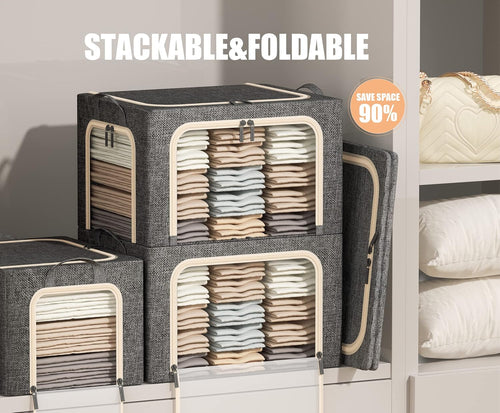 3 Openings Clothes Storage Bins with Metal Frame, Foldable Storage Bin for Clothes, Clothing Storage Bins with Lid, Linen Storage Box With Clear Window＆ Zippers＆ Durable Handles.(3 Pcs,Dark Grey,40L)