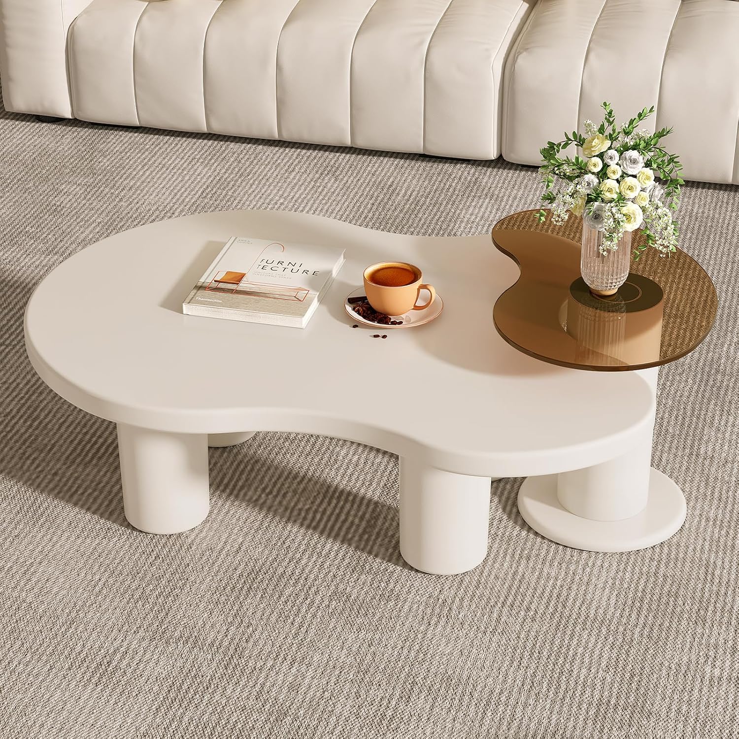 Modern Nesting Coffee Table Set of 2 Irregular Cloud Shape Cream White Center Table Space Saving eAccent Tables for Living Room Apartment Bedroom Office Minimalist Decor