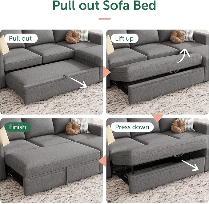 HONBAY Modular Sectional Sleeper Sofa with Pull Out Bed, L Shaped Couch with Storage Seat, Modular Sectional Couches for Living Room - Dark Grey