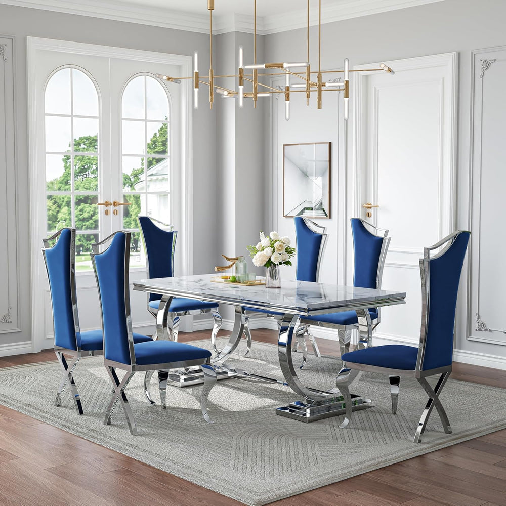 70 in Faux Marble Dining Table Set for 6, Large Kitchen Table and Blue Velvet...