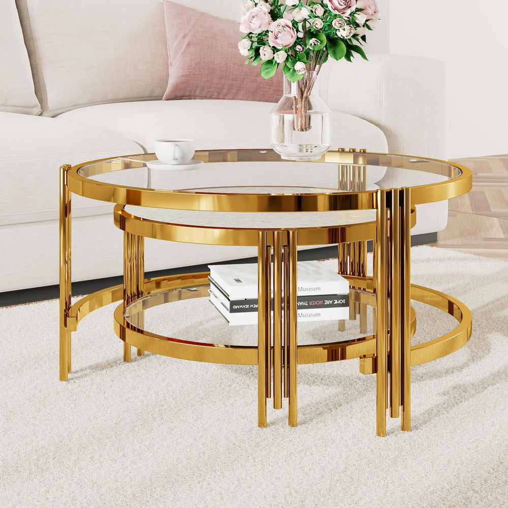 32.75" Round Glass Coffee Table Set of 2, 2-Tier Luxury Nesting Coffee T...