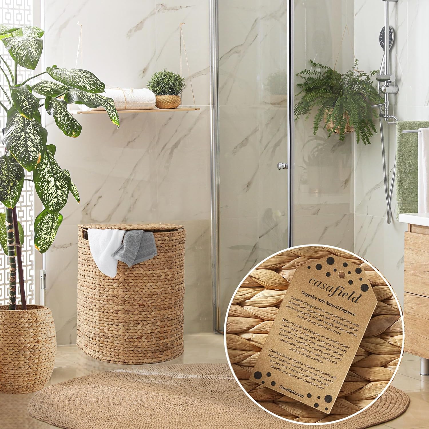 Casafield Half Moon Laundry Hamper with Lid and Removable Liner Bag - Natural, Woven Water Hyacinth Laundry Basket for Clothes and Towels