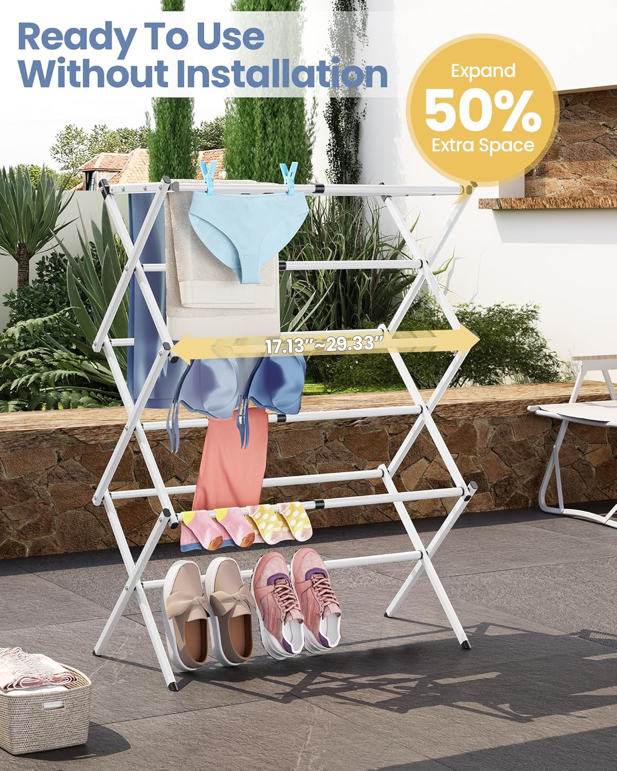 APEXCHASER Oversize Clothes Drying Rack, 3-Tier Drying Rack Clothing, Expandable Metal Laundry Drying Rack, Air Drying Rack, Clothes Rack, No install, 24lb Capacity, 14.9" D x 29.3" W x 39.3" H, White