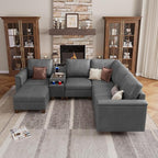 SITJOY 105" Faux Leather Modular Sectional Sofa with Storage, Mid Century Modern Sectional Couches for Living Room, 6 Seat V Shaped Couch with Ottoman and Console Table, Hidden Cupholders, Gray