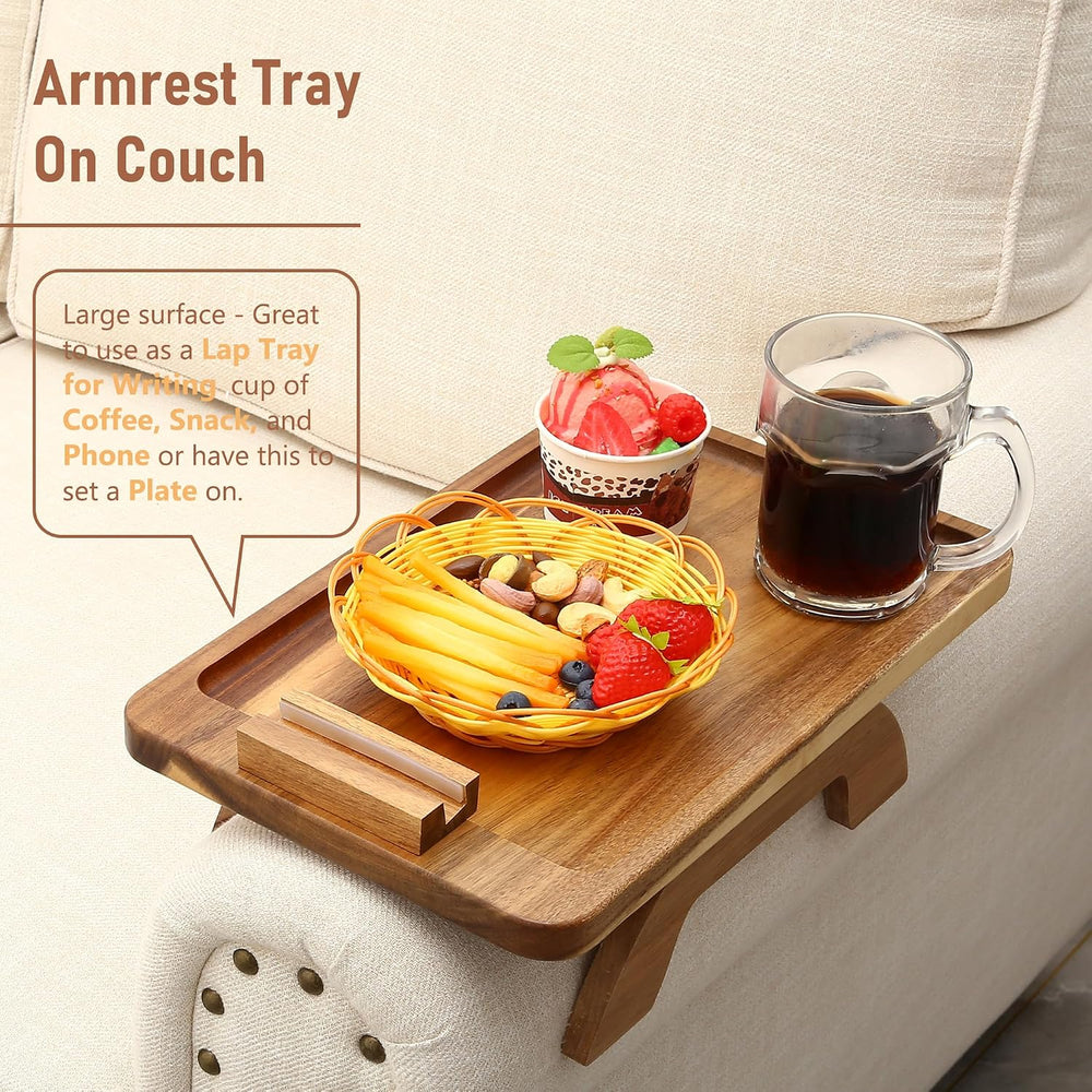 SINWANT Couch Arm Tray,15.35x9.84 in Sofa Clip on Arm Table,Acacia Wood