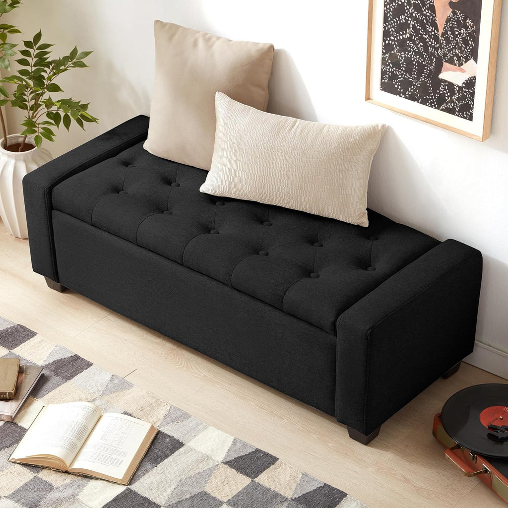 48" Ottoman with Storage, Black Storage Ottoman Bench with Safety Hinge | Upholstered Entryway Bench with Seating for Bedroom, Living Room, Holds up to 330 lb