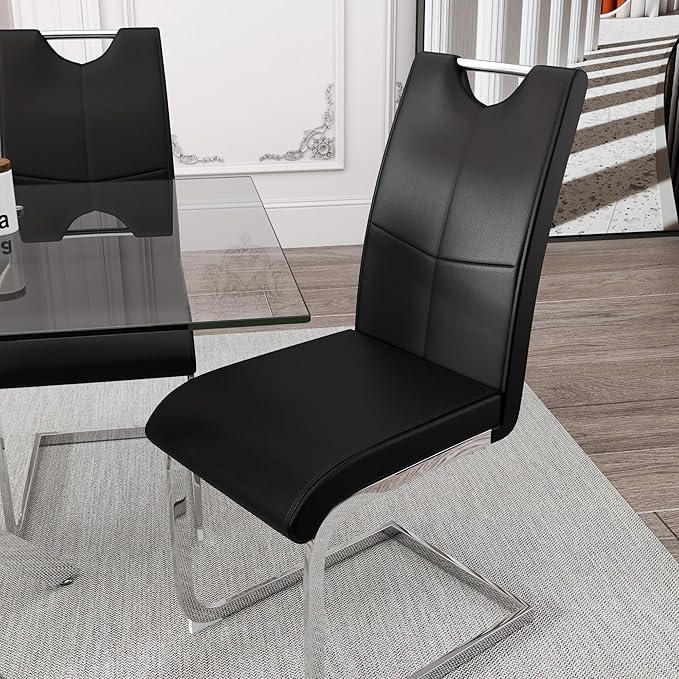 5 Piece Dining Table Table Set, Modern Tempered Glass Dining Table Set for 4 Kitchen Table Set with 4 Upholstered Chairs for Kitchen Dining Room (Sliver Table with Black Hoop Leg Chairs)
