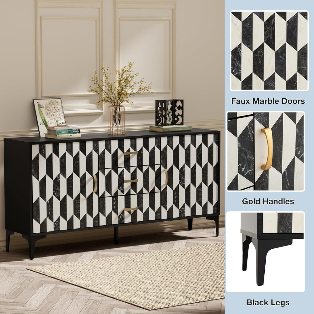 Anbuy Marble Buffet Cabinbet with Storage and 3 Drawers Sideboard Faux Marble...