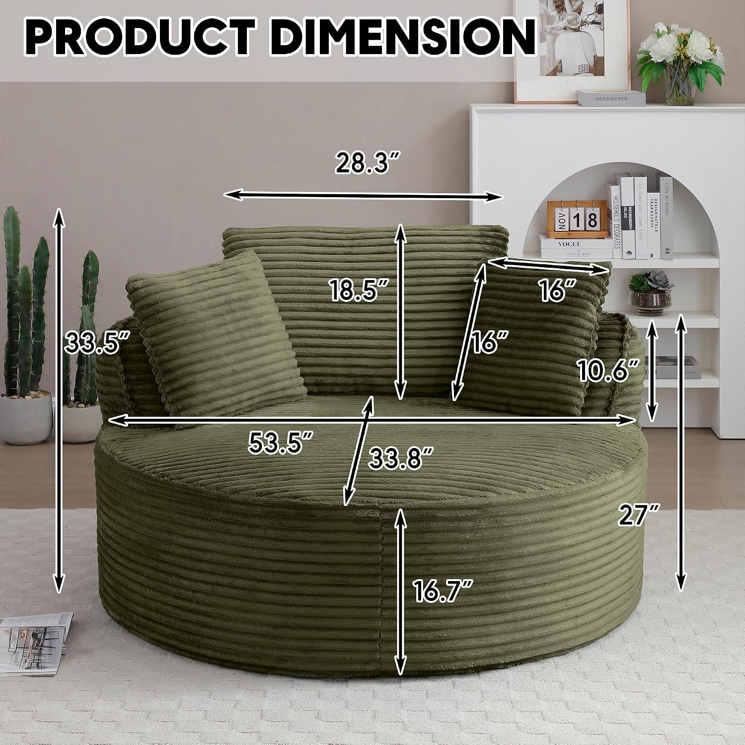 Oversized Round Chair Lounge Chaise Indoor, 53.5" Upholstered Corduroy Deep Seat Single Cloud Sofa Chair, Fluffy Modern Large Circle Boneless Sleeper Sofa for Living Room, Bedroom, Green