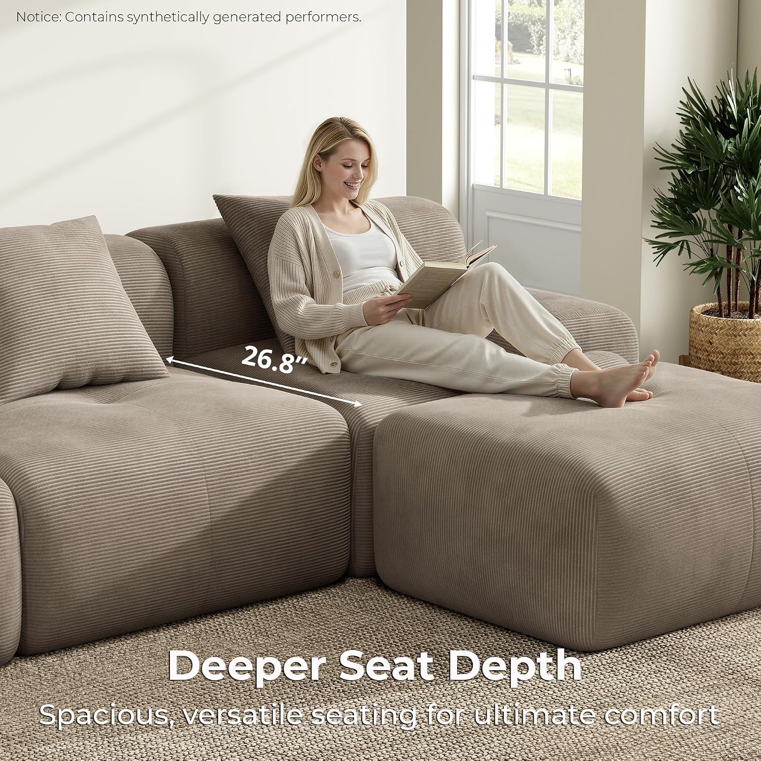 LIKIMIO LumiCord Modular Sectional Sofa with Ottoman, 118" L-Shaped Boneless Couch for Living Room, Oversized Deep Seat with Corduroy Upholstery, No Assembly Required, Light Brown