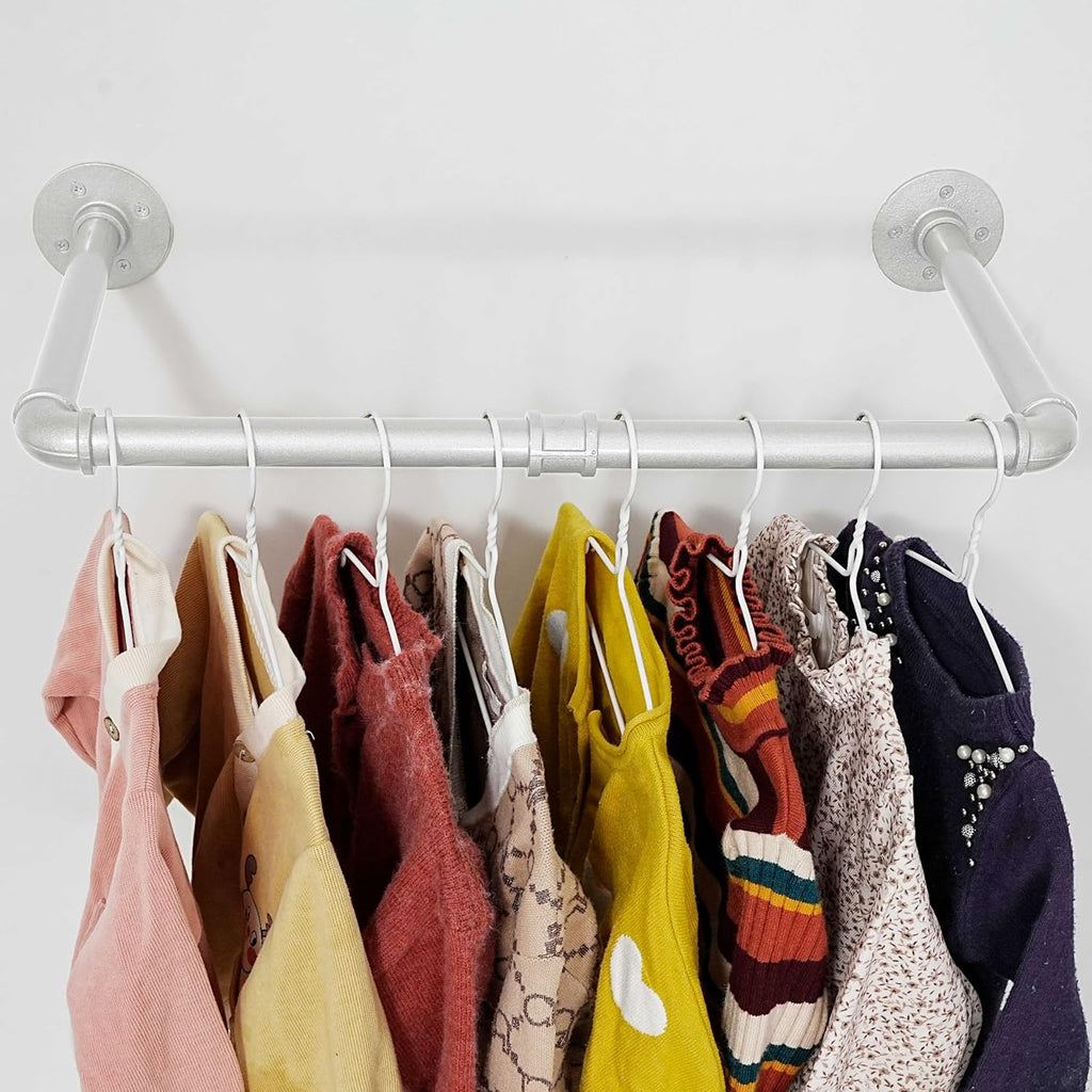 WEBI Industrial Pipe Clothing Rack,20" Wall Mounted Clothes Rack for Hanging Clothes,Heavy Duty Metal Garment Rack Bar Wall Mount Clothing Rod for Closet,Laundry Room,Silver,2 Packs