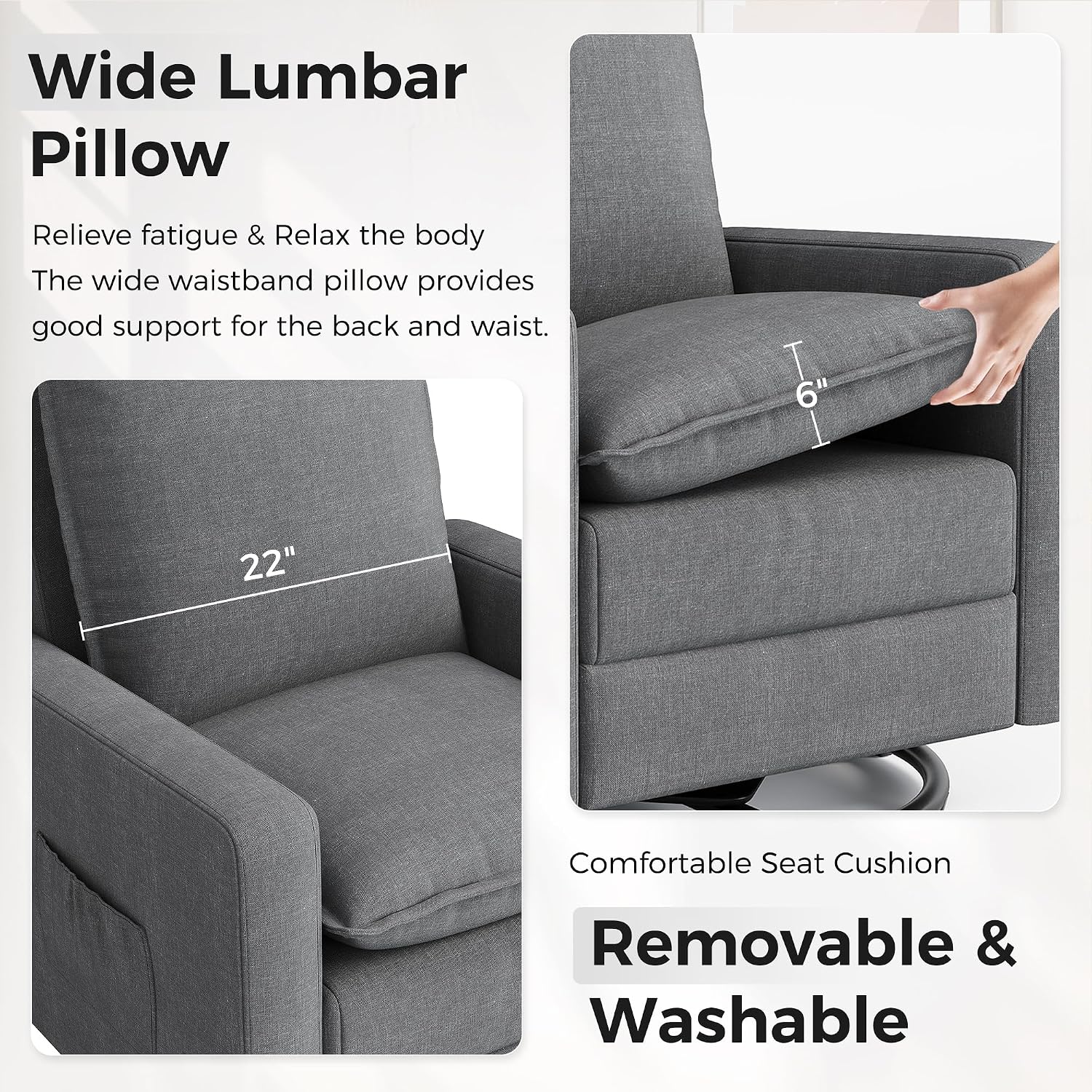 Swivel Glider Recliner for Adult Indoor Upholstered Lounge Nursery Chair Single Sofa with Side Pockets for Living Room Bedroom