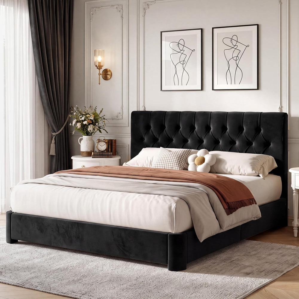 King Size Bed Frame w/ Headboard,Velvet Fabric Upholstered Bed Frame,Black
