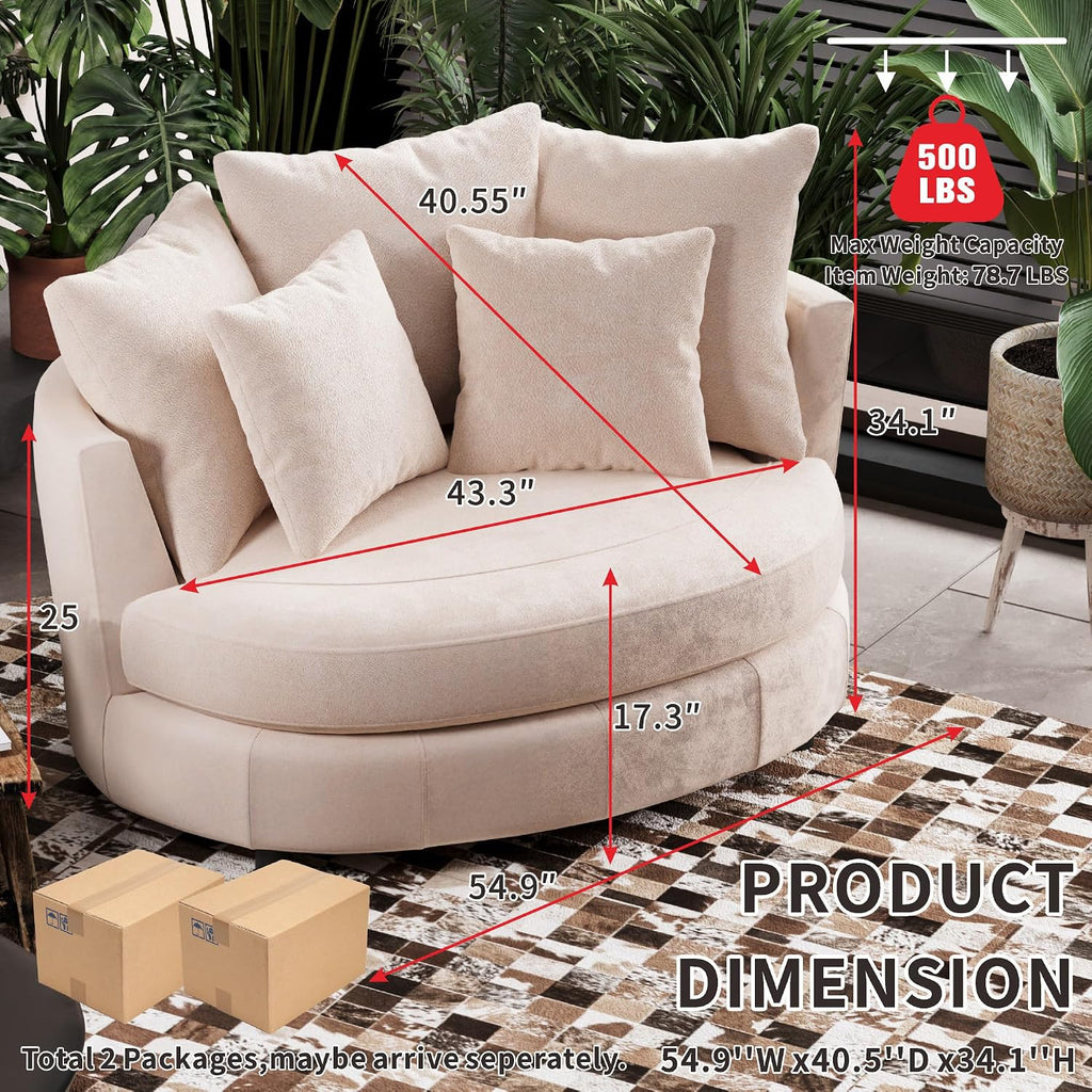 54.9''W Oversized Accent Barrel Chair, Upholstered Chenille Comfy Couch Sofa with 5 Pillows for Bedroom, Living Room, Apartment, Studio, Wheat.