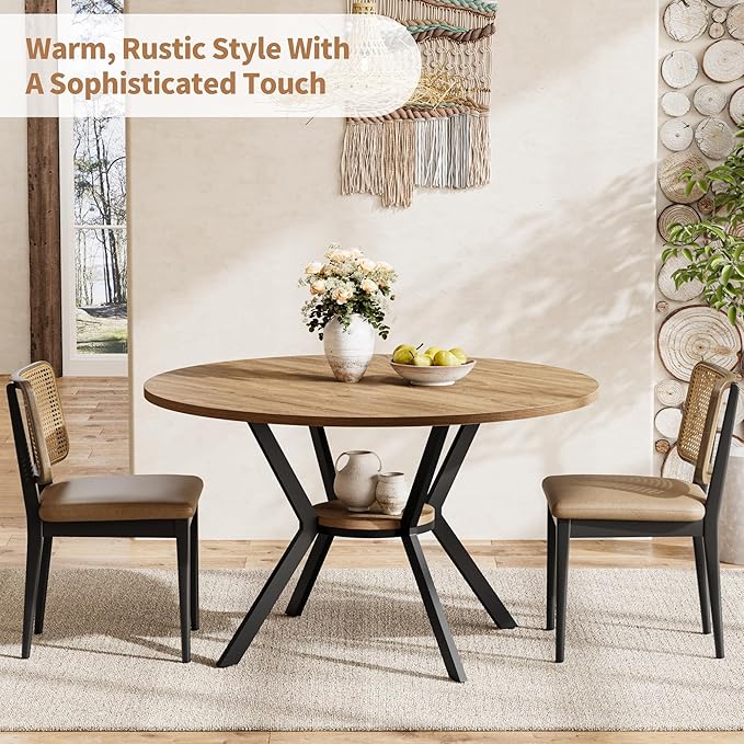 42 Inch Round Dining Table for 2–4, Farmhouse Round Kitchen Table with Storage Shelf, Pedestal Dining Table, Wood Top & Metal Base, Small Space Table for Apartment, Dining Room