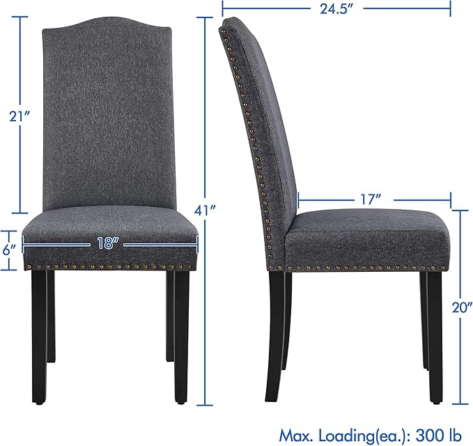 Yaheetech Upholstered Dining Chairs Set of 2, Modern Kitchen Chairs with Nailhead Trims and Solid Wood Legs for Dining Room, Living Room, Restaurant, Fabric Armless Design, Dark Gray