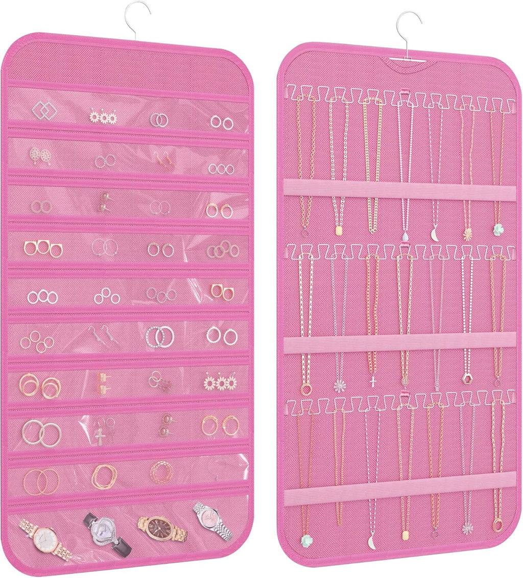 Hanging Jewelry Organizer Storage, 40 Pockets 36 Hooks Necklace Earring Necklace Bracelet Ring Organizer, Double - Sided Design, Pink